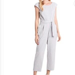 Vince Camuto Linen Blend Cap Sleeve Blue White Striped Jumper Belted Lined Sz 8